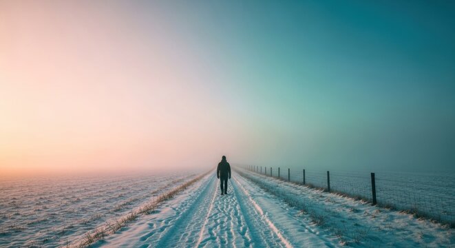 A solitary man walking on a snowy country road. The journey ahead and facing the unknown. Business concept for future vision and personal growth. Minimalist winter landscape at dawn - Powered by Adobe