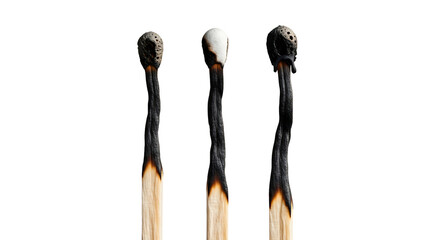 Three burnt matchsticks isolated on transparent background