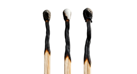 Three burnt matchsticks isolated on transparent background