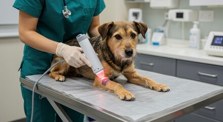 Veterinarian performing laser therapy on a dog's leg