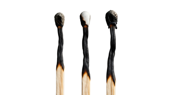 Three burnt matchsticks isolated on transparent background