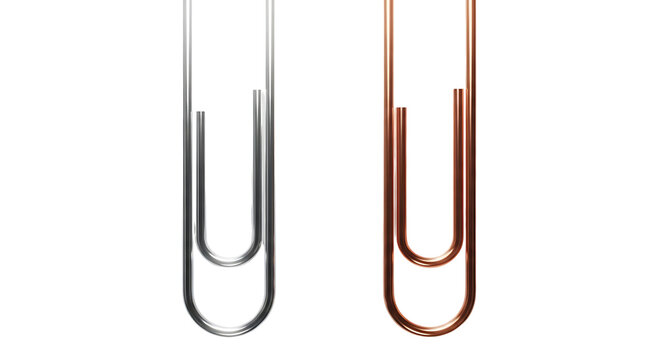 Silver and copper paperclips isolated on transparent background