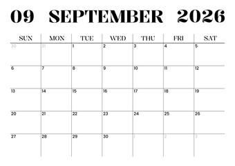 Printable Minimalist Monthly Calendar Template for September 2026 in Landscape Format. Monthly Calendar Planner Template for 2026. Week Starts on Sunday. 