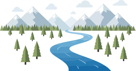 Flat design illustration of a winding river flowing through a valley with green pine trees and snow-capped mountains under a cloudy sky.