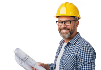 Smiling construction worker wearing a yellow hard hat and glasses holding blueprints isolated on transparent background