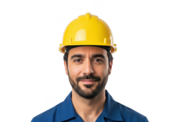 A smiling construction worker wearing a bright yellow hard hat and blue work shirt isolated on transparent background