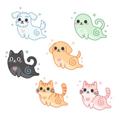 Charming Pixel Art Characters Featuring Cute Dogs Cats and a Friendly Ghost in Pastel Colors with Swirling Magical Effects