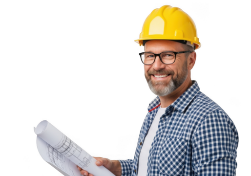 Smiling construction worker wearing a yellow hard hat and glasses holding blueprints isolated on transparent background