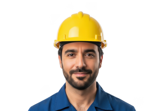 A smiling construction worker wearing a bright yellow hard hat and blue work shirt isolated on transparent background