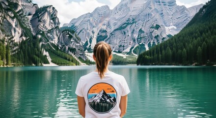 Woman from behind enjoying a scenic mountain view over an alpine lake. Outdoor adventure and travel lifestyle concept. Female wearing a t-shirt with a nature print