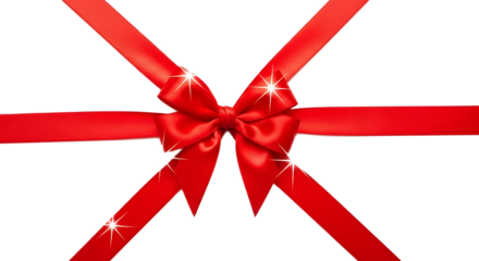 A shiny red satin bow and ribbon arranged in a criss cross pattern against a black background