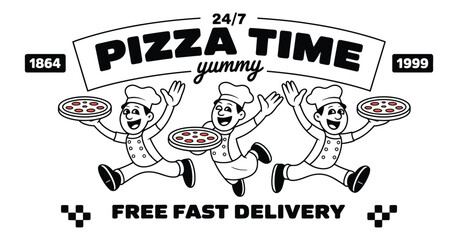 Cartoon Pizza Chef and Delivery Man – Retro 90s Style Character, Vintage Pizzeria Poster, Fast Food Online Ordering Concept, Vector Logo Design with Apron