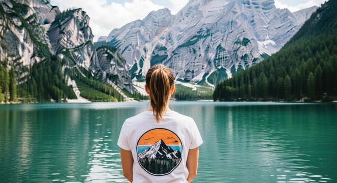 Woman from behind enjoying a scenic mountain view over an alpine lake. Outdoor adventure and travel lifestyle concept. Female wearing a t-shirt with a nature print - Powered by Adobe
