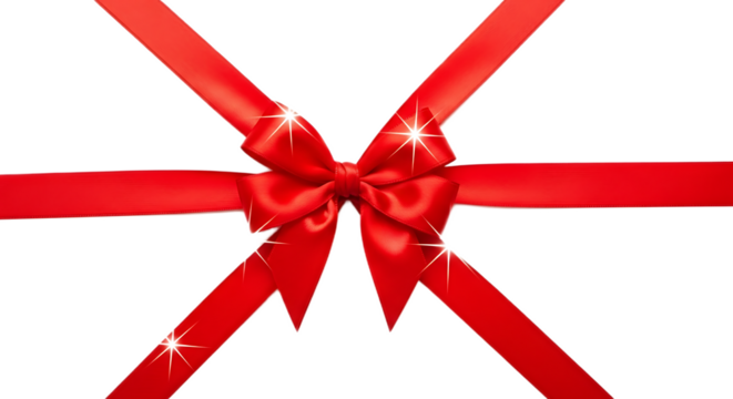 A shiny red satin bow and ribbon arranged in a criss cross pattern against a black background