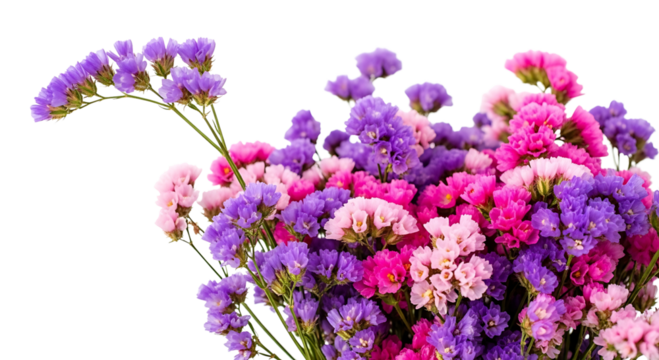 Vibrant bouquet of dried statice flowers in shades of purple and pink isolated on transparent background