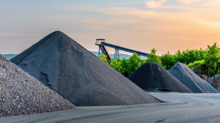 Gravel and Sand Piles at Construction Site with Conveyor Belt Under Beautiful Sunset Sky
