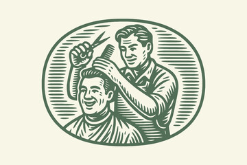 Barber cutting hair — vintage engraving oval emblem vector