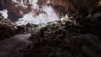 Sunlight pours into a canyon, creating a captivating ambiance on the rocky terrain. Lush green plants sprout amongst the stones, adding life to the dry landscape.