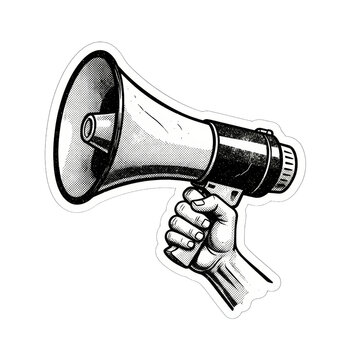 Monochrome illustration of hand holding a megaphone with assertive communication appeal