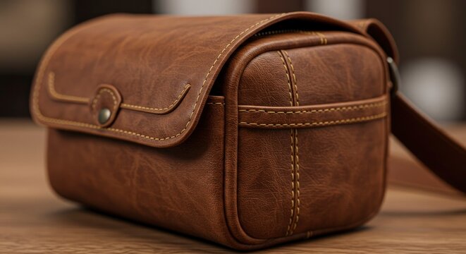 Vintage Brown Leather Camera Bag Close-Up
