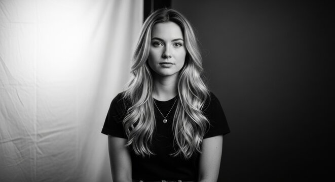 Confident young Caucasian woman headshot. Black and white portrait with dramatic lighting. Serious female model with a direct gaze. Authentic corporate identity for a business profile