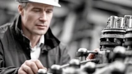 Focused Precision: A skilled engineer, clad in a protective helmet, intently examines the intricate machinery, showcasing the vital role of meticulous attention and expertise in the industrial realm.