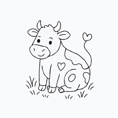 Cute Cow Coloring Page Hand Drawn Farm Animal Line Art Vector For Kids.