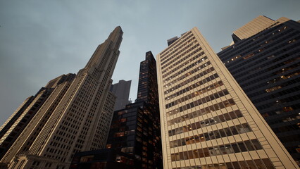 Tall buildings dominate the skyline, showcasing stunning architectural designs. Windows reflect the soft light of dusk, creating a vibrant urban scene filled with life and energy.