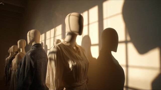 A serene fashion display features faceless mannequins in soft, flowing garments, bathed in golden hour light. The interplay of shadows and sunlight enhances the tranquil, modern atmosphere
