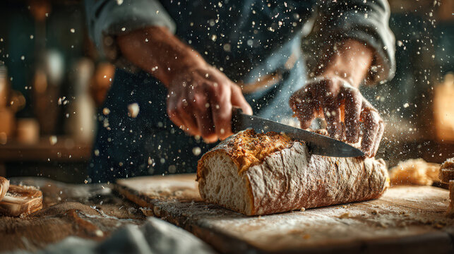 slicing fresh sourdough bread in rustic kitchen action shot
