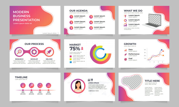 Modern corporate presentation template. Business slide deck layout set with colorful gradient infographics