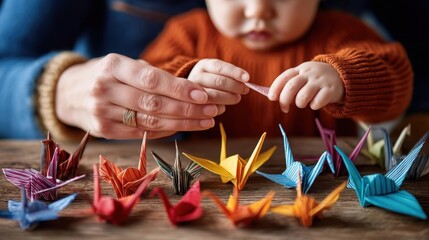 A child and adult make colorful origami cranes together, surrounded by several finished paper birds on a wooden table.