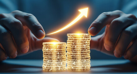 Hands with glowing digital coins and an upward arrow for growth.