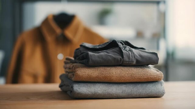 A close up view of three folded garments in neutral tones, emphasizing simplicity and comfort. The background features a hanging shirt, creating a modern and organized home vibe