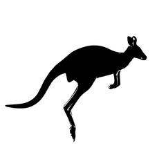 A black silhouette of a kangaroo in mid-leap against a white background.