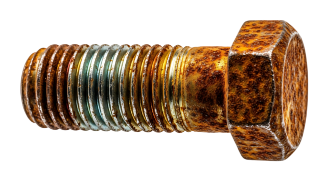 Closeup of a rusty hexagonal bolt isolated on transparent background