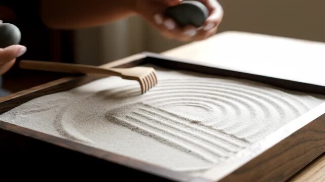 Mindful Rhythms in Zen Garden: Hands Raking Sand and Arranging Stones for Self-Care, Relaxation, and Meditation Practice.