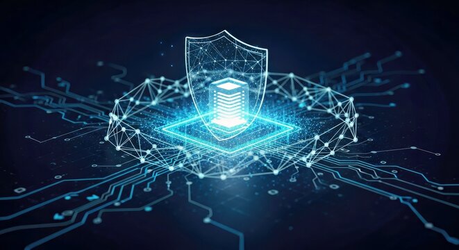 Geometric Cybersecurity Visual with Pulsating Digital Shield, Real-Time Protection