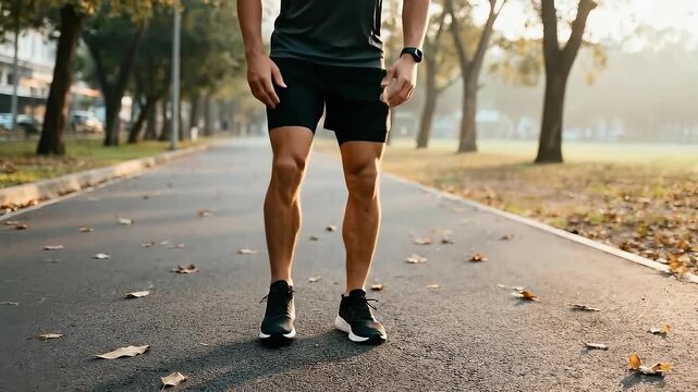Athlete preparing for a morning jog by tying his shoelaces in a peaceful park setting