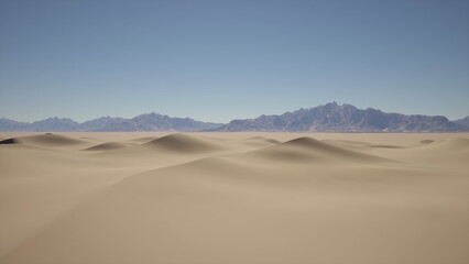 Vast sandy dunes stretch across the landscape, glimmering under the sun with gentle slopes. Majestic mountains rise in the background, creating a serene and immersive desert scene.