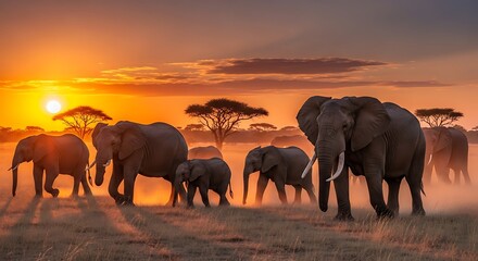 Fototapeta premium Herd of elephants walking across savanna under vibrant sunset sky