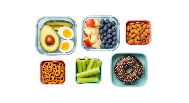 Healthy and unhealthy snack portions in separate containers isolated on transparent background