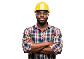 A confident black construction worker wearing a yellow hard hat and plaid shirt with arms crossed isolated on transparent background
