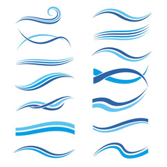 Fototapeta premium Collection of various blue wave and swoosh graphic design elements on a white background