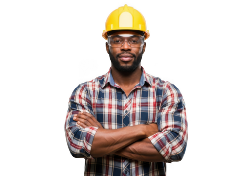 A confident black construction worker wearing a yellow hard hat and plaid shirt with arms crossed isolated on transparent background
