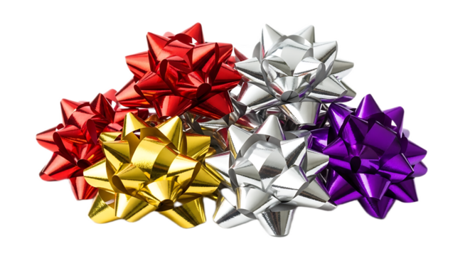 A pile of colorful gift bows in red gold silver and purple on a black background close up view