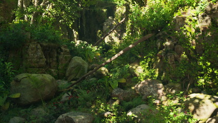 A serene jungle scene filled with vivid green plants, moss covered rocks, and scattered flowers. Sunlight filters through the dense canopy, creating a peaceful atmosphere in nature.
