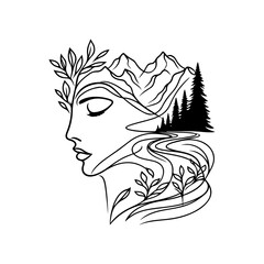 Face merging into landscape line art — black and white hand-drawn illustration symbolizing unity between human and nature, elegant vector SVG, mountain and forest composition