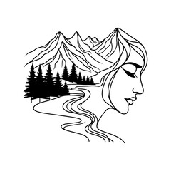 Face merging into landscape line art — black and white hand-drawn illustration symbolizing unity between human and nature, elegant vector SVG, mountain and forest composition