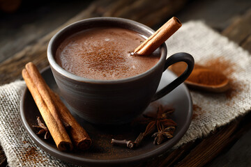 a cup of hot chocolate with cinnamon and cinnamon sticks
